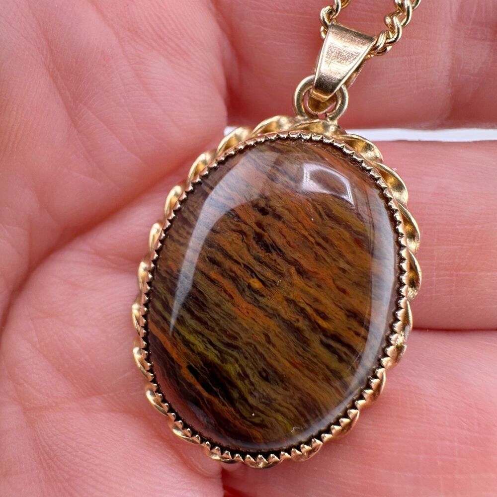 Vintage Gemstone Pendant Necklace Brown Orange Jasper? Tigers Eye? Gold Tone 17"